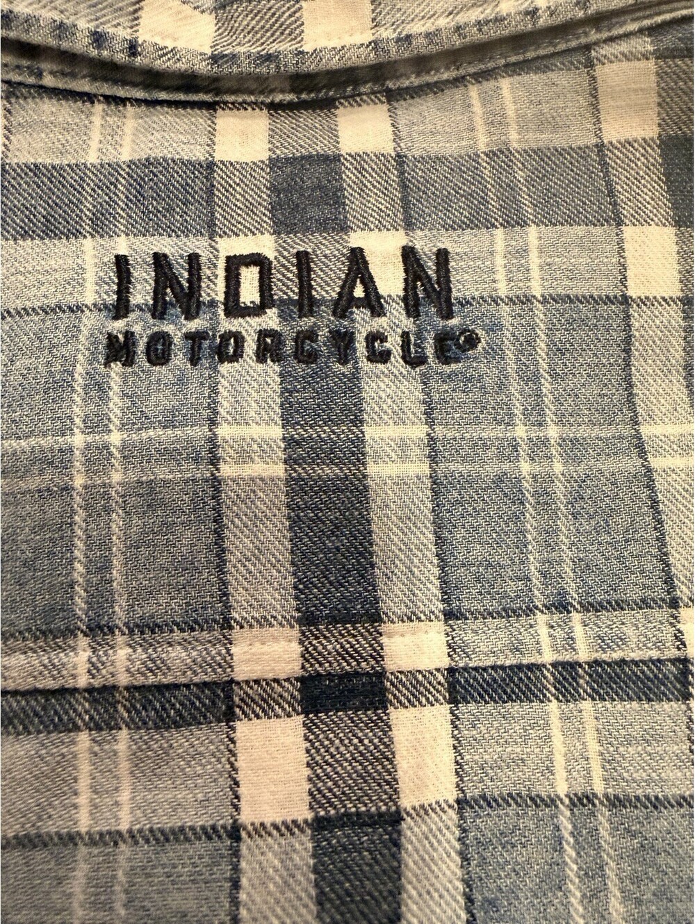 Indian Motorcycle Flannel Shirt Mens Large Pearl Snap Lightweight Blue Plaid - Picture 6 of 11